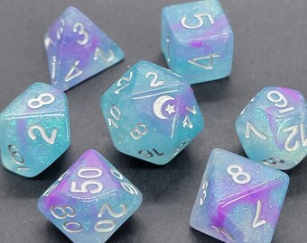 Moonstruck | Dicebound Exclusive DND 7pc Dice Set, UV Reactive | Sparkly Teal and Purple | Dungeons and Dragons & Role Playing Games