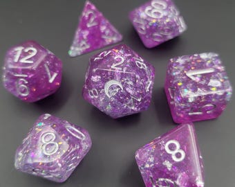 Bard Sone: Magenta Polyhedral Dice Set with Silver Foil. For Dungeons and Dragons, TTRPG's.