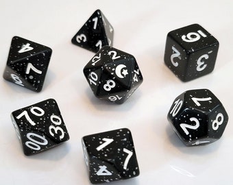 Starscape - Glittery black with splotches of silver D&D Dice Set with white ink, Polyhedral Dice Set for Dungeons and Dragons
