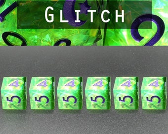 Glitch Handcrafted 6D6 Dice Set | Green and Purple, Sparkly Inclusions | Sharp Edge Dice for Dungeons and Dragons and RPG's | DICEBOUND