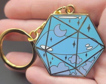 Solid Metal and Hard Enamel Keychain featuring a Dreamy Potion Bottle D20 | Pastel Blue | Dicebound Exclusive | DND Dungeons and dragons