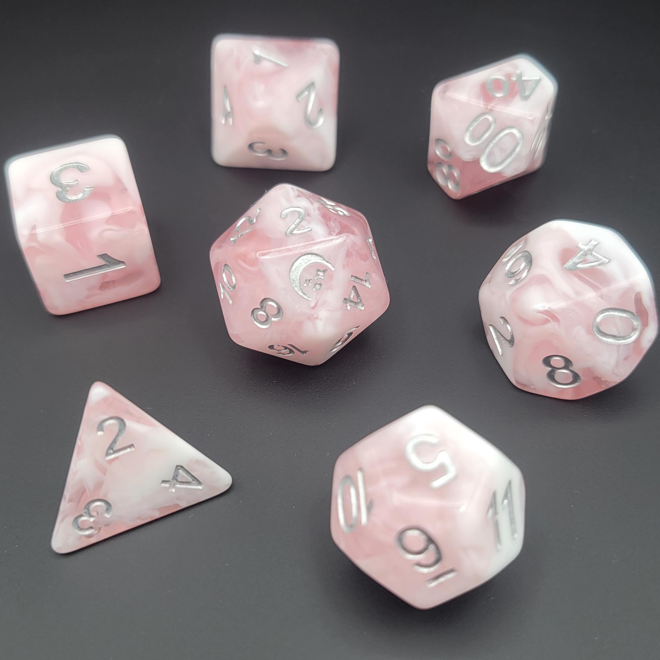 Ballet - Pastel pink with swirls of white D&D Dice Set, Polyhedral Dice Set for Dungeons and Dragons