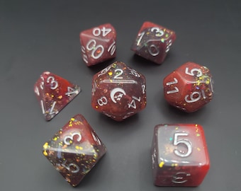 Vampire - Bright Red and Dark Grey with Glitter and Gold Flakes D&D Dice Set, Polyhedral Dice Set for Dungeons and Dragons