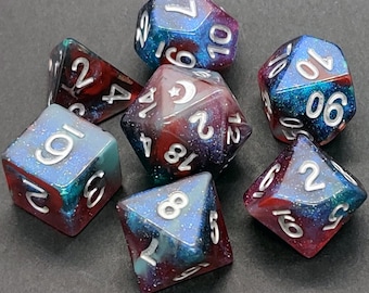 Wonderland - Sparkly Blue and Red Glittery D&D Dice, Polyhedral Dice Set for Dungeons and Dragons and RPG (Role Playing Games)