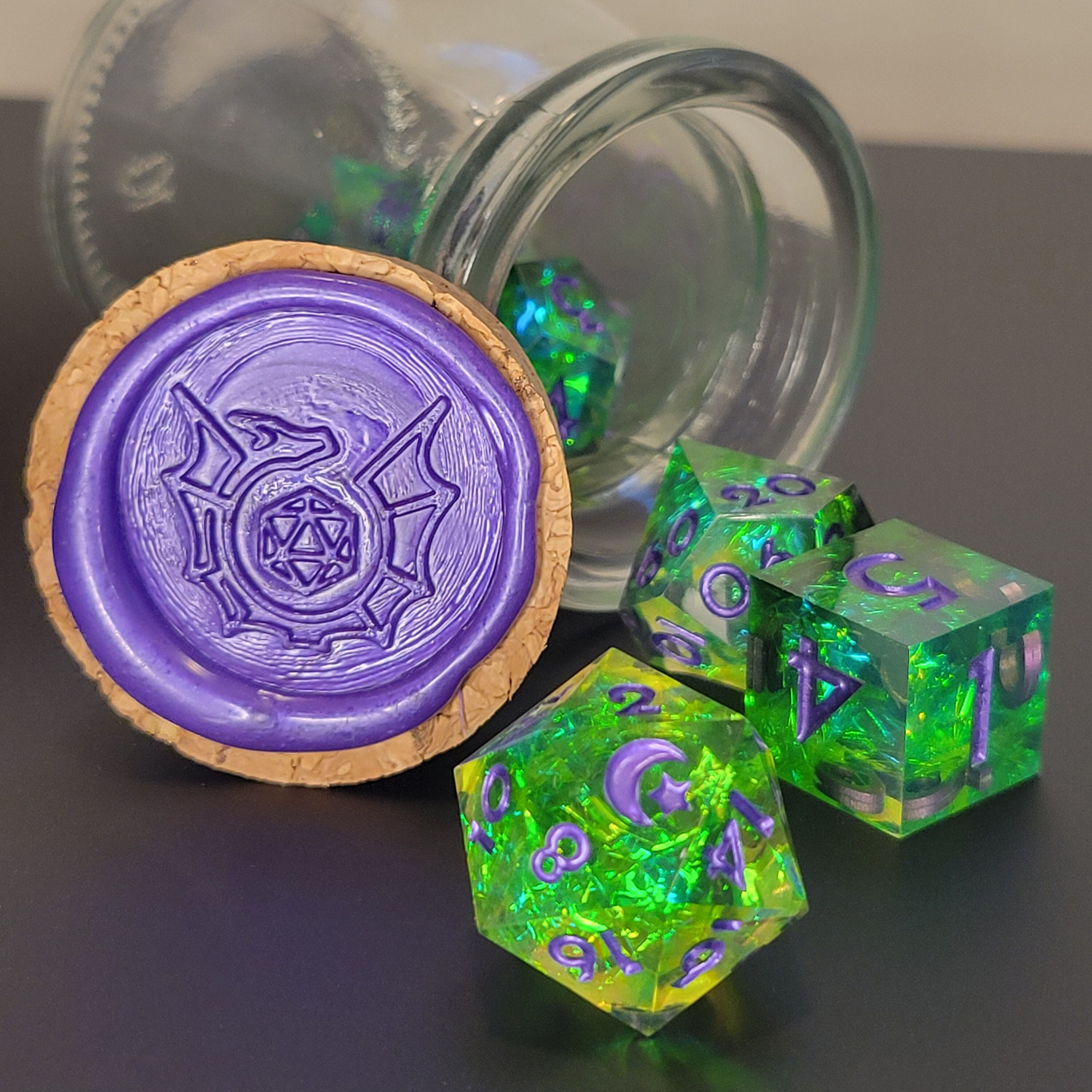 Teal, purple and white, sharp edge, handmade dice with potion bottle For DND, D&D, dungeons and dragons or retailer other RPG