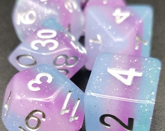 Serendipity - Blue, Pink, Magenta and Teal Striped Glittery D&D Dice, Polyhedral Dice Set for Dungeons and Dragons and RPG's