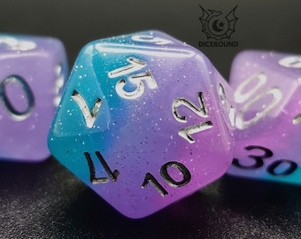Tropics - Ocean Blue, Purple and Pink Glittery D&D Dice, Dice Set for Dungeons and Dragons and RPG's (Role Playing Games)