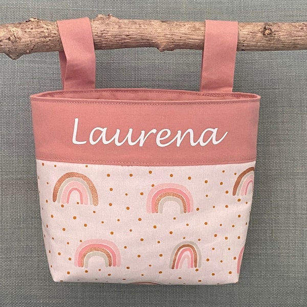 Laufradtasche, Lenkertasche, mit Namen, Fahrrad, Roller, Puky, personalisiert, Puppenwagen, Utensilo, Regenbogen, Punkte, weiß, rosa