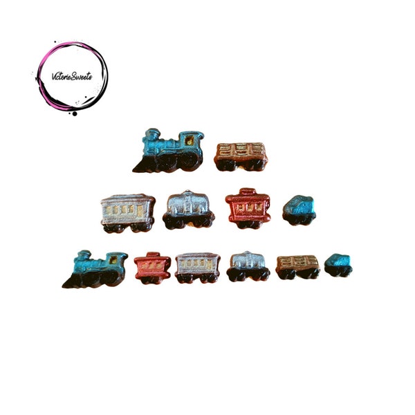 May include: A set of 12 miniature train cars, including a blue engine, red and silver passenger cars, and brown cargo cars. The cars are made of plastic and have a painted finish.