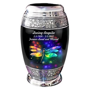 Memorial Cremation Urn For Human Remains – colorful dragonfly Design Funeral Decorative 1-200 Cubic Inch Adult Urn