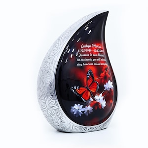 Teardrop urn, Butterfly perched on red white flowers Memorial for Adults Human Ashes 1-154 Cubic Inch Large & Adult  Funeral Decorative Urns