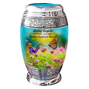 Metal Urn for Ashes, Handcrafted Butterflies in sunlight Design Cremation Urn, Funeral Cremation Urn for Human Ashes, Memorial Urn