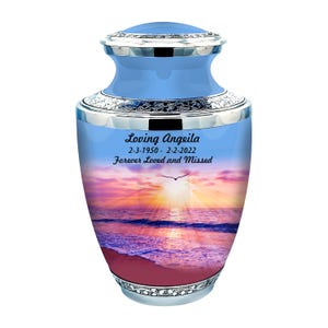 Ocean Landscape Sunset & bird-Themed Cremation Urn for Adult Human Ashes - 1-200 cubic inch Large and memorial Funeral Decorative