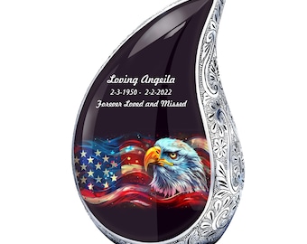 Handgemaakte Amerikaanse zeearend op vlag-urn voor volwassen as - urn voor mannen en vrouwen - Memorial Large, volwassen urn 1-200 kubieke inch