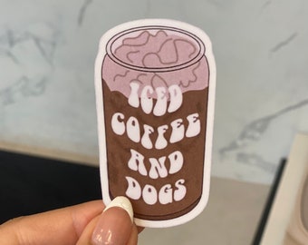 Pegatina de café helado - Vinilo mate resistente a la intemperie y a los arañazos, con un adorable perro troquelado para coche, portátil y botella de agua.