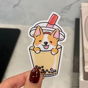 Corgi Bubble Tea/Boba Sticker - Vinyl Matte/Glitter Weatherproof Scratch Proof Cute Corgi Dog Die Cut for Car, Laptop, Water Bottle