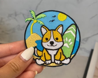 Corgi Surf Embroidery Patch - Iron On