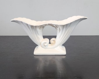 Vase à double corne d'abondance. vintage, années 40, poterie d'Abingdon, céramique émaillée, fabriqué aux États-Unis