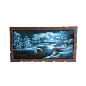 Black Velvet Art, Oil Painting, Moonlight Landscape, Wall Hanging, Signed, Wood Frame, MCM Vintage, 1970s