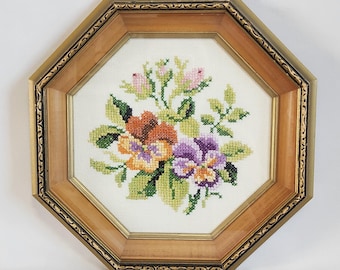 Floral Wall Hanging, Needlepoint, Vintage, Gold Wood Frame, Handmade, Decor