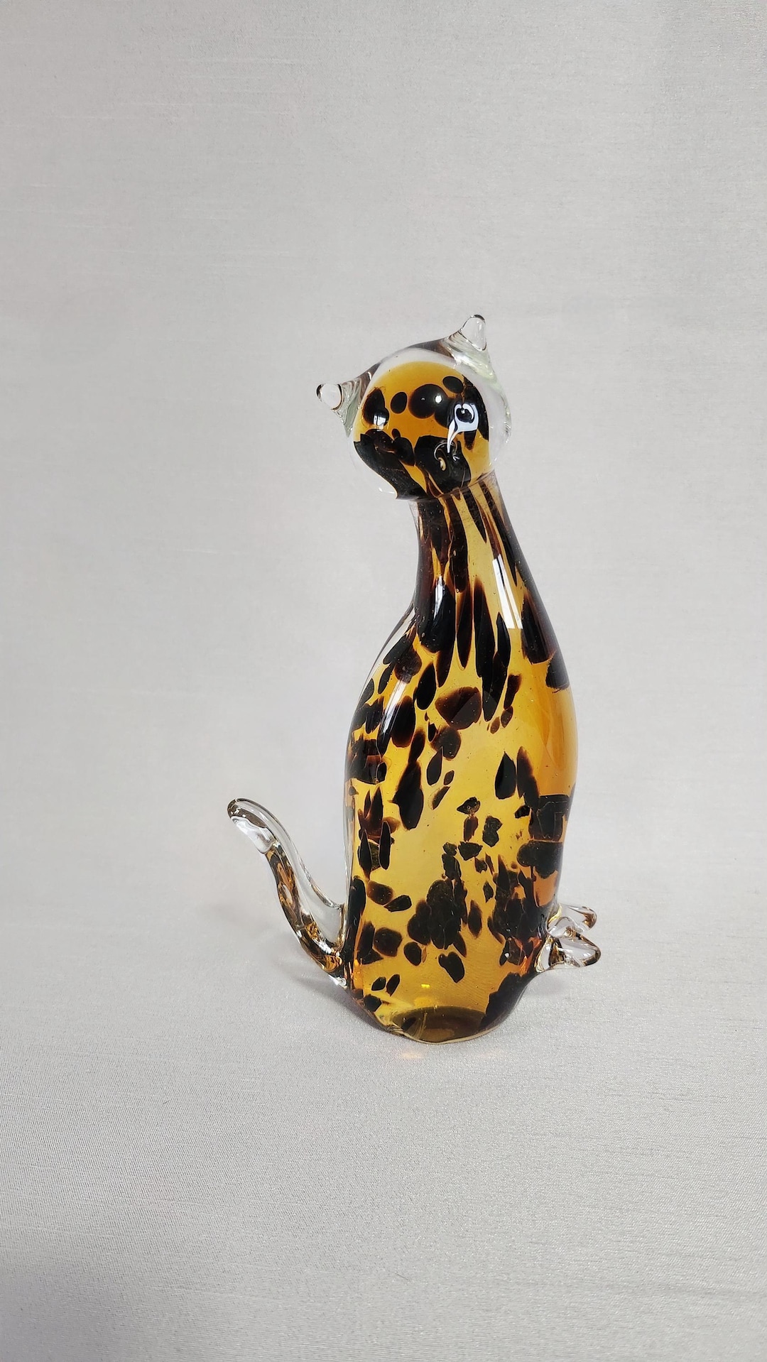 Murano Style Blown Glass Cat, Amber With Black Spots, Vintage