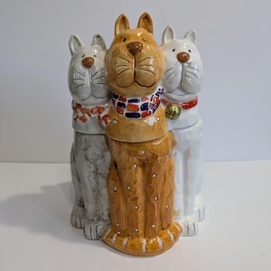 Tarro de galletas con forma de tres gatitos, GKAO, cerámica esmaltada, pintado a mano, raro, coleccionable, vintage, años 50