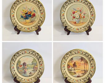 Collectible Tin Plates, Daher Decorated Ware, Holland, Floral, Countryside, Gold, Vintage, 1960s
