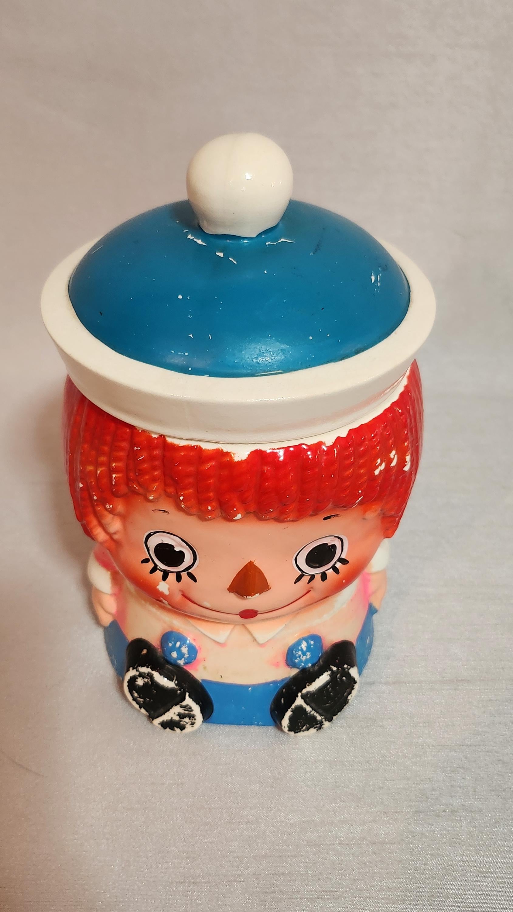 ラガディ アン クッキー ジャー、陶器、手描き、ヴィンテージ、1960