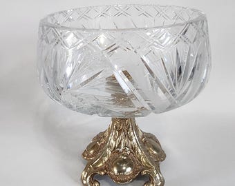 Bonbonnière, cristal, étoile, feuilles, bronze, MCM, Hollywood Regency, vintage, années 1970