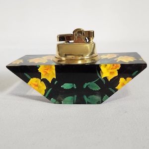 Table Lighter, Lucite Base, Yellow Roses, Vintage, Brass, Made in Japan