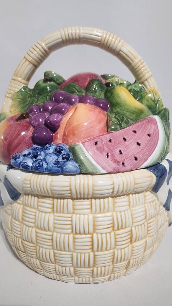 Picnic Basket Cookie Jar, Fruit Basket, Susan Winget, RARE