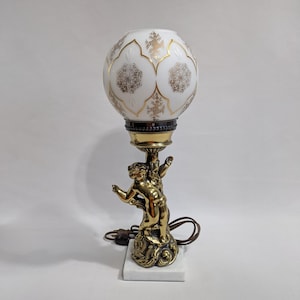 Table Lamp, MCM, Brass Cherub, Frosted Glass, Marble, Vintage, Germany, 1970s