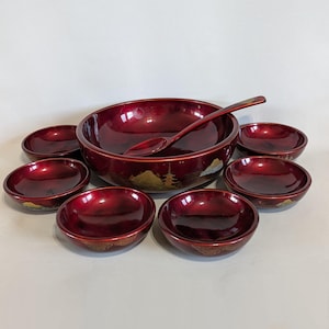 Japanese Red Laquerware Salad Set, 8 Piece, Mountain Scenery, Vintage, 1980s