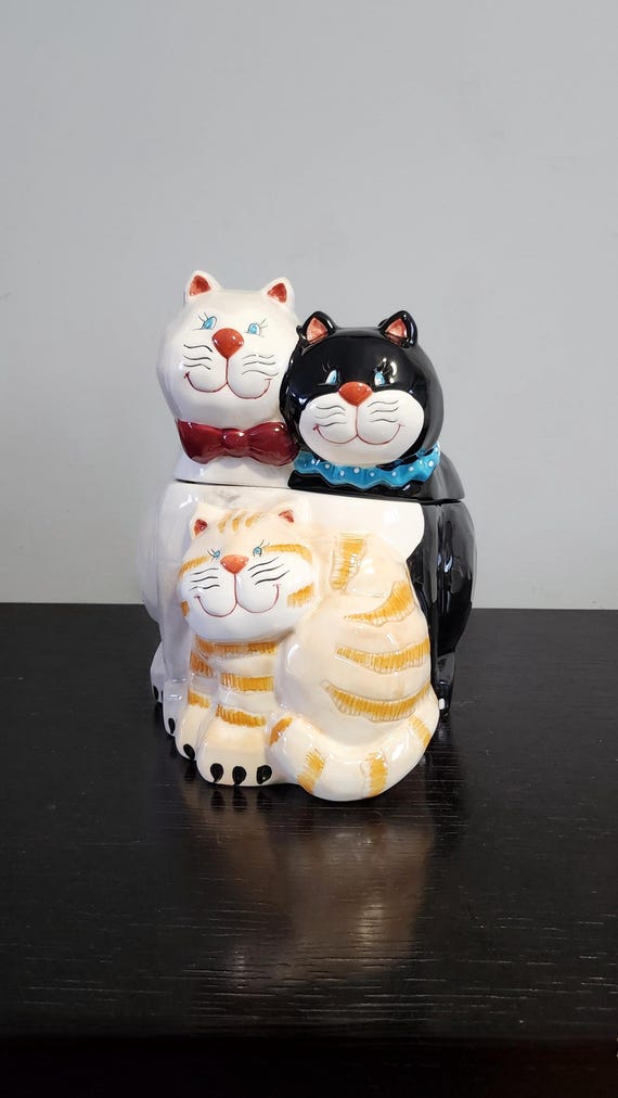 Three Kitty Cat Cookie Jar, Bico, Vintage, Glazed Ceramic, Hand