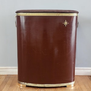 Laundry Hamper, Vintage, 1960s, Starburst, Brown, Metal, Vinyl lid