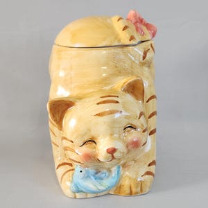 Tarro de galletas con forma de gatito, gato atigrado feliz, pintado a mano, vintage, decoración, coleccionable