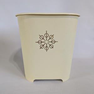 Wastebasket, Sterilite, Ivory, Footed, Gold Design, Textured Acrylic, Vintage, 1960s, Made in the USA