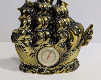 Thermometer, Gold Ceramic Ship, Galleon, Pirate Ship, Kitschy, Vintage, 1970s, Made in Japan