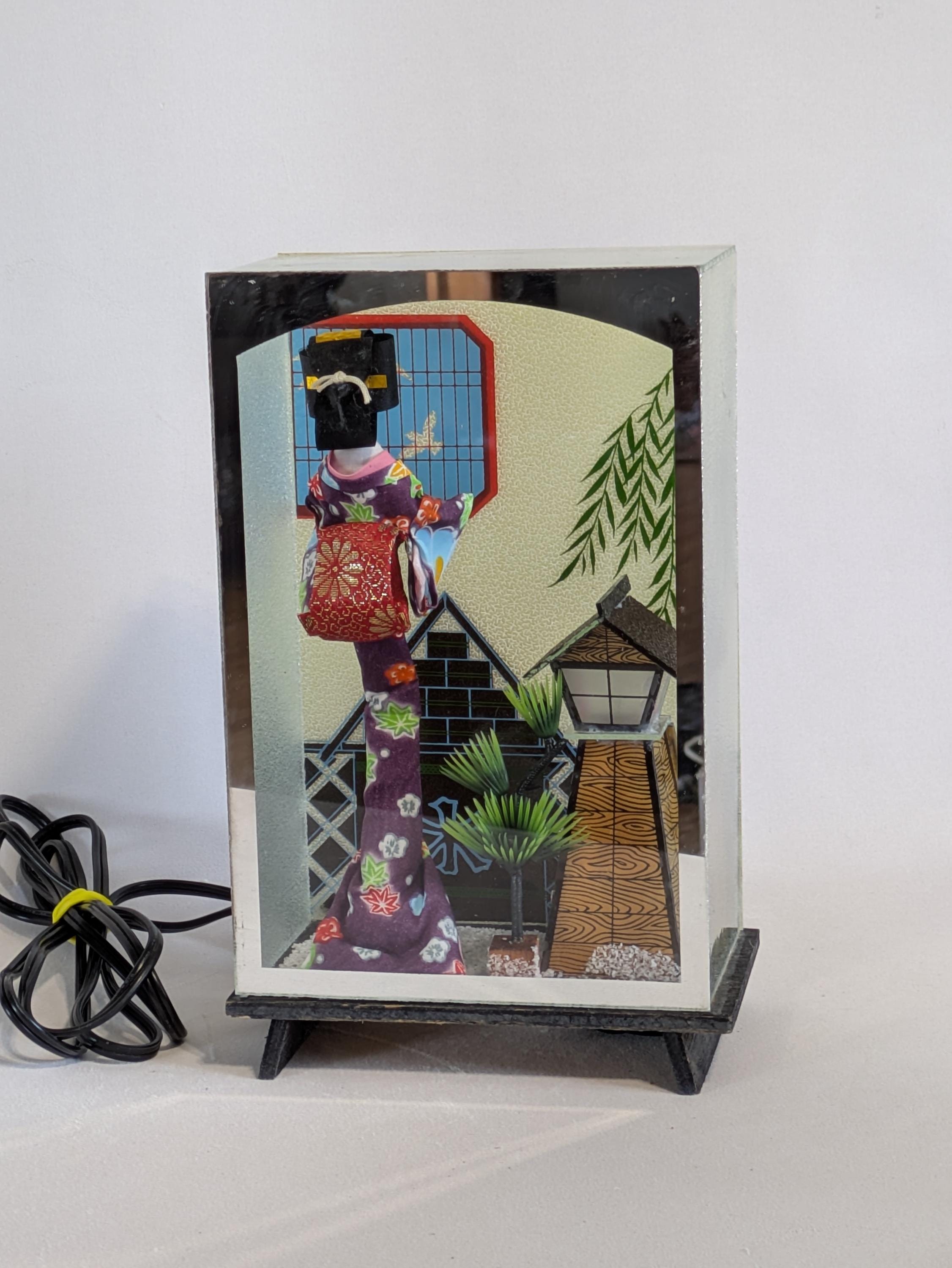 Japanese Geisha Shadow Box, Wood, Glass, Lamp, Nightlight, Vintage ...