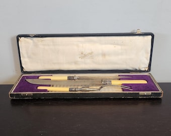 Carving set. Antique, 1880s, Harrison Bros & Howson, Cutlers, His Majesty, Meat Carving, Bone Handle Sheffield, England, Storage Case.