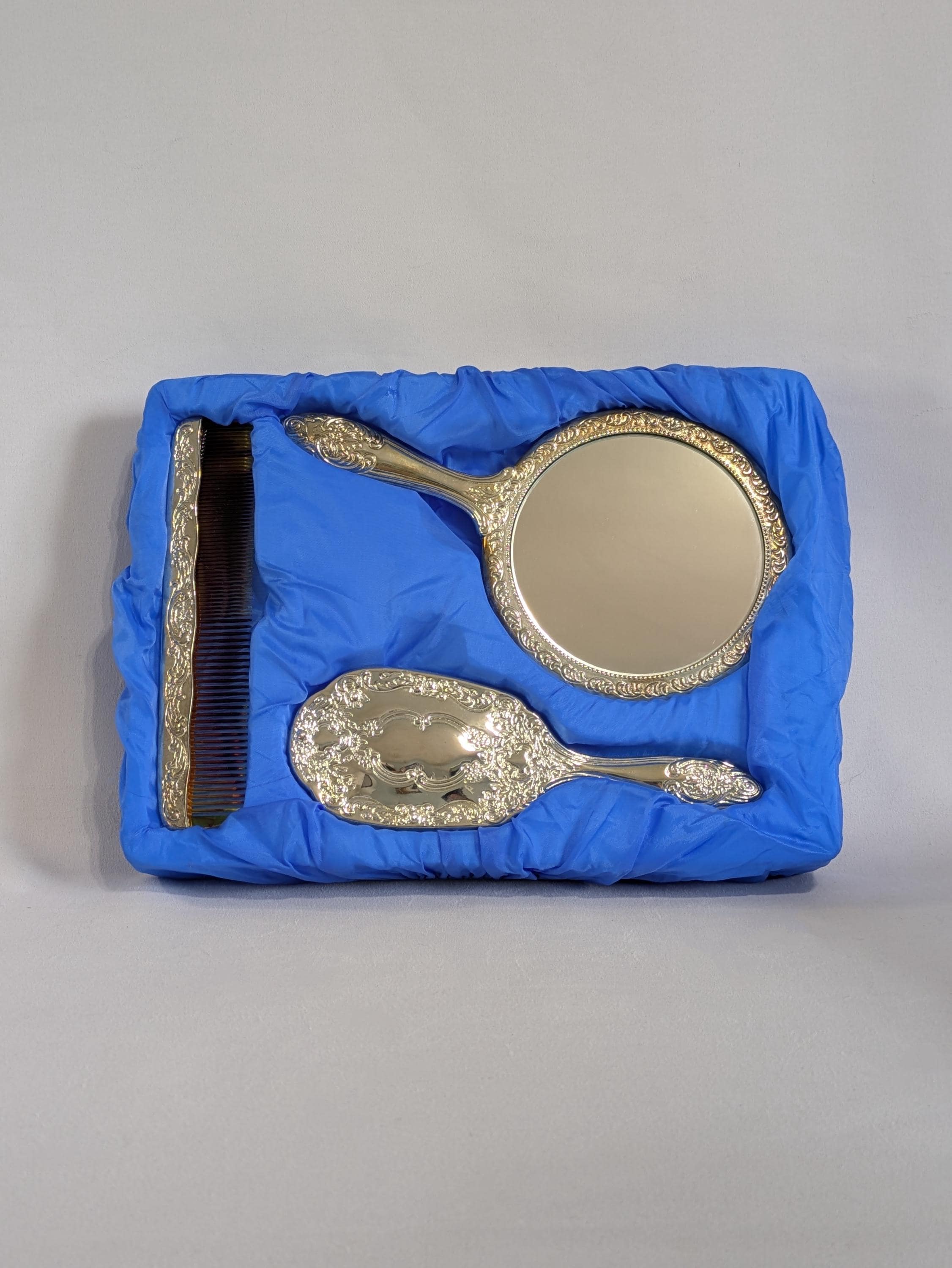 Vanity Set, 3 Piece, Mirror, Brush, Comb, Silver Plated 