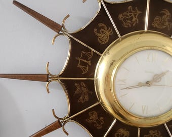 1950〜1960 UNITED Sunburst Clock 50s 60s Vintage Mid Century 50s, 60s United Sunburst Clock USA Made Wood