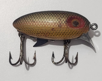 Señuelo de pesca de madera, Clark's Water Scout, negro y amarillo, vintage, década de 1970