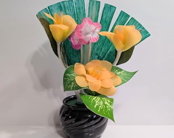 Fiber Optic Lamp, Vintage, 1980's, Black Ceramic Pot, Decor, Orange And Pink Flowers