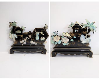 Biombo de laca madrepérola, biombo de mesa, flores de cerejeira, decoração, pássaros, vintage, década de 1970, chinês, laca preta, 3D
