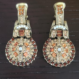 Brincos de pressão com cristais pavé de âmbar e topázio Heidi Daus, Vintage.