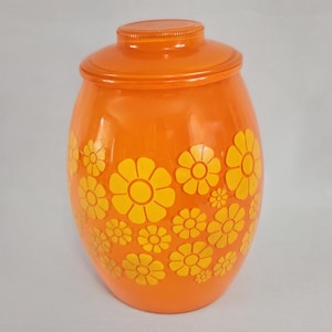 Bartlett Collins glass cookie jar, Vintage, 1950&#39;s, &quot;Flower Power&quot;, Orange with yellow daisies, Retro kitchen decor