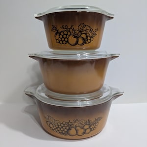Pyrex Casserole Set, 6 Piece, 1-Quart, 1.5-Quart, 2.5- Quart, Old Orchard, Ovenware, Autumn, Brown, Orange, Fruit, Vintage, 1970s