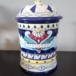 Biscotti Cookie Jar, Vintage, Italian Style, Glazed Ceramic, Hand Painted, Chino Fine Quality, Made In China