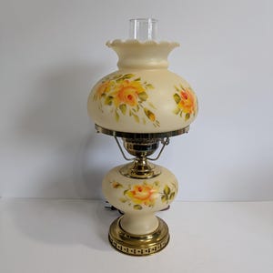 Hurricane Lamp, &quot;Gone With The Wind&quot; Floral, Roses, Milk Glass, Brass, Hand-Painted, Vintage